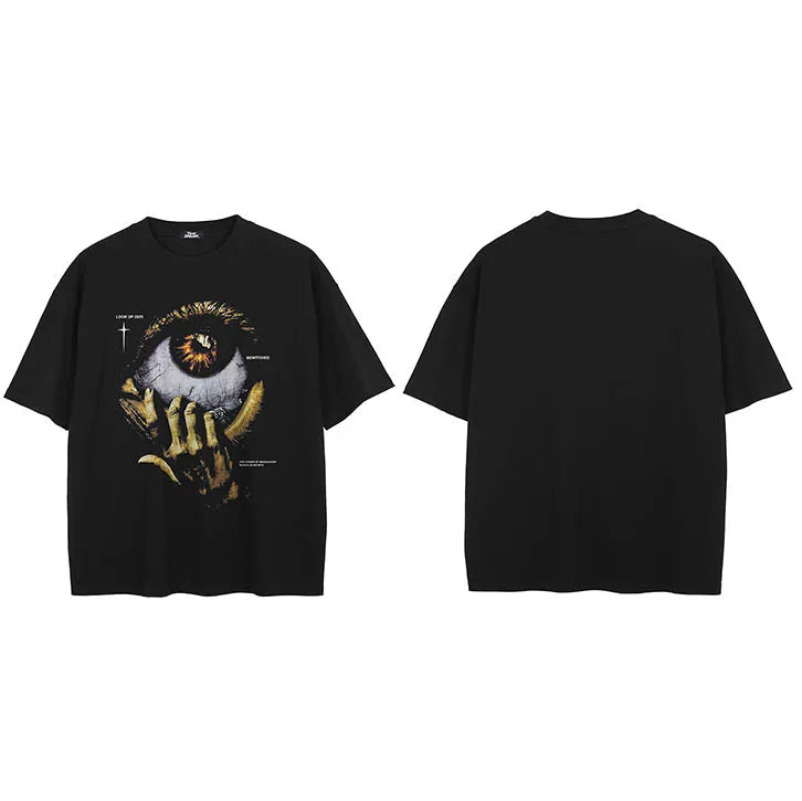 Black Big Eye Washed T-Shirt — fabric close-up