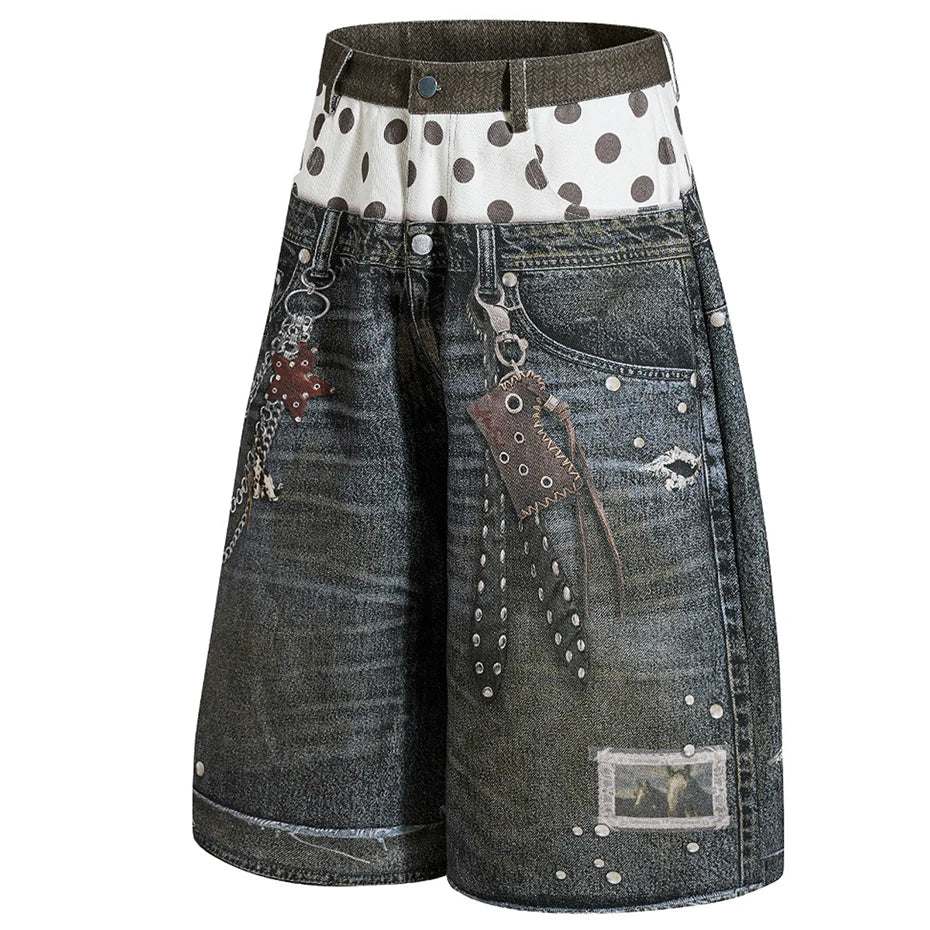Vintage Chain Graphic Loose Denim Shorts — front view