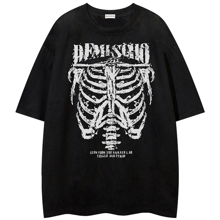 Vintage Skeleton Graphic Suede Loose T-Shirt — styling shot