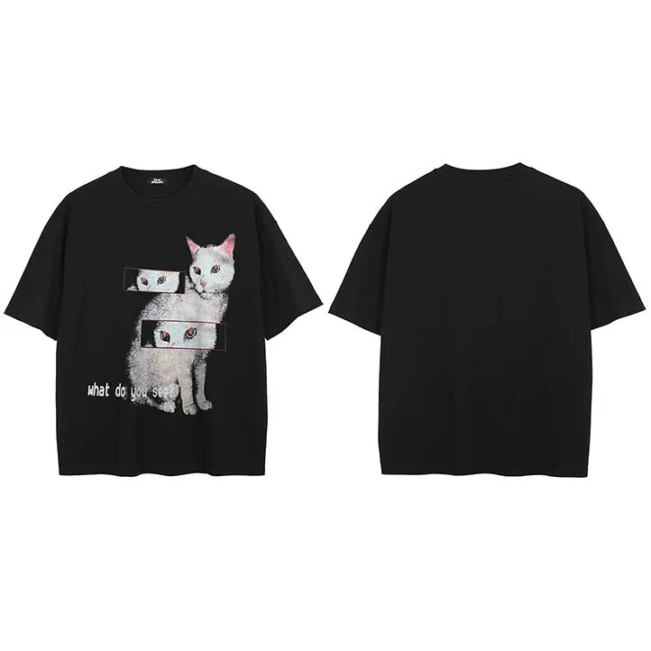 Black Cat Eyes Faded T-Shirt — fabric close-up