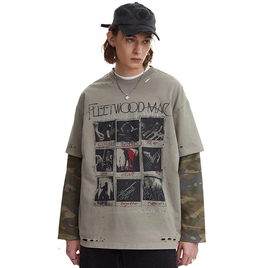 Vintage Camouflage Patchwork Oversized Long Sleeve Tee — detail shot
