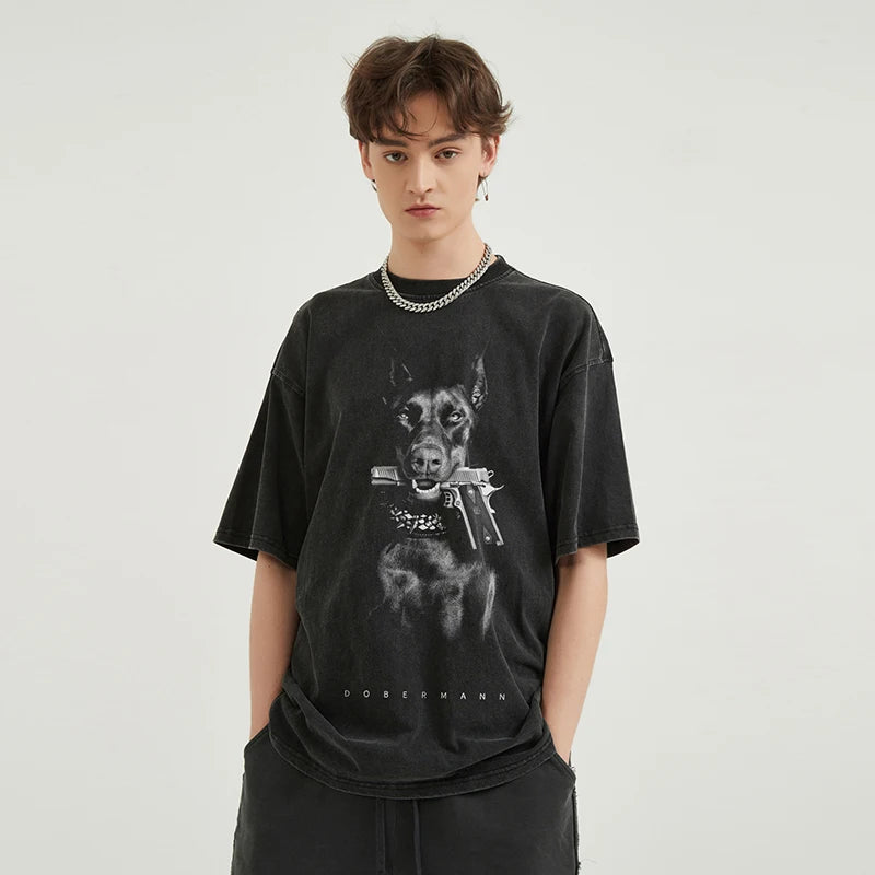 Gun Vintage Black Doberman Dog Washed T-Shirt — back view