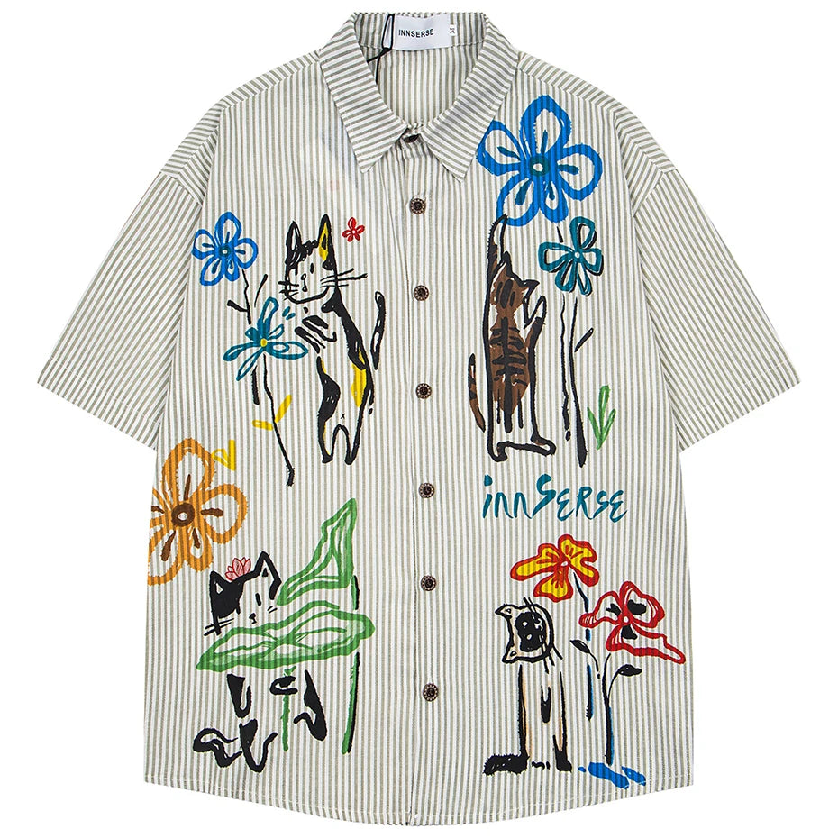Vintage Cat Striped Graphic Loose Shirt — back view