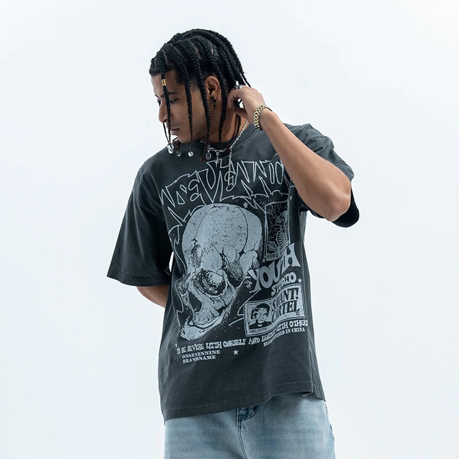 Vintage Skull Washed Oversized T-Shirt — back view