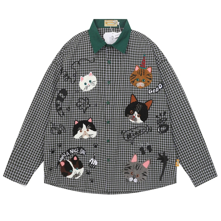 Vintage Plaid Cat Embroidered Shirt — styling shot