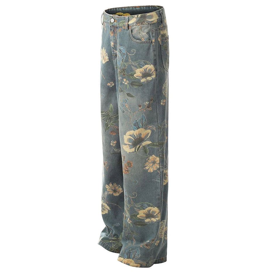 Vintage Blue Flower Print Denim Baggy Jeans — front view