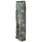 Vintage Blue Flower Print Denim Baggy Jeans — front view