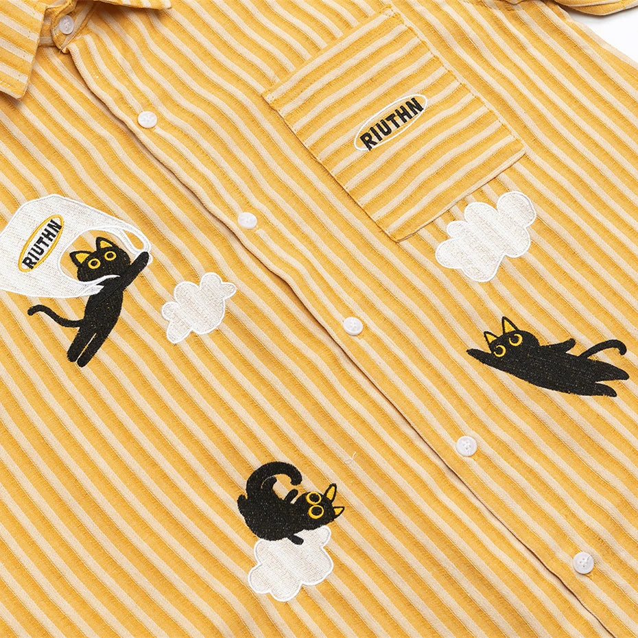 Vintage Cat Striped Embroidered Shirt — detail shot