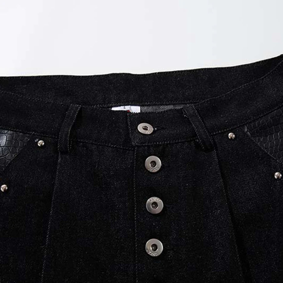 Rivet Black Patchwork Denim Baggy Jeans — detail shot