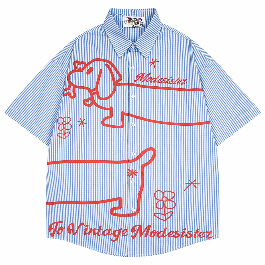 Vintage Dog Striped Graphic Loose Shirt — styling shot