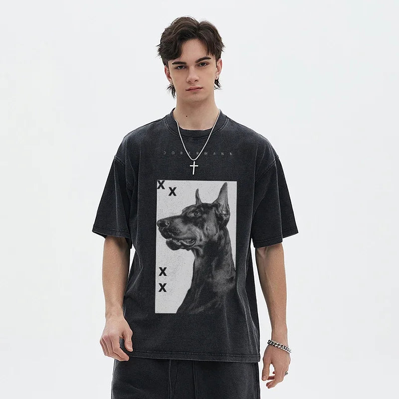 Vintage Black Doberman Dog Graphic T-Shirt — front view