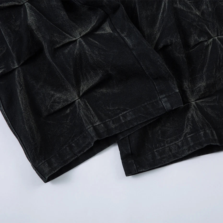 Black Pleated Denim Baggy Jeans — fabric close-up