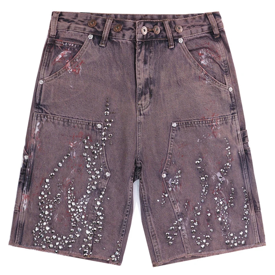 Vintage Fire Rhinestone Graphic Denim Shorts — back view