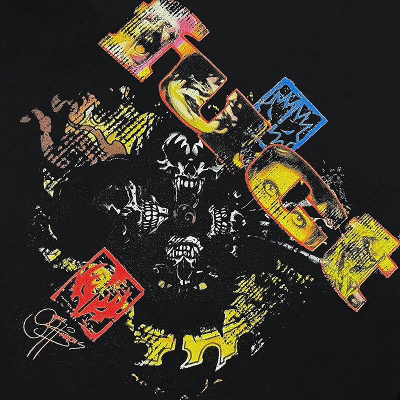 Vintage Black Skull Print Hoodie — front view