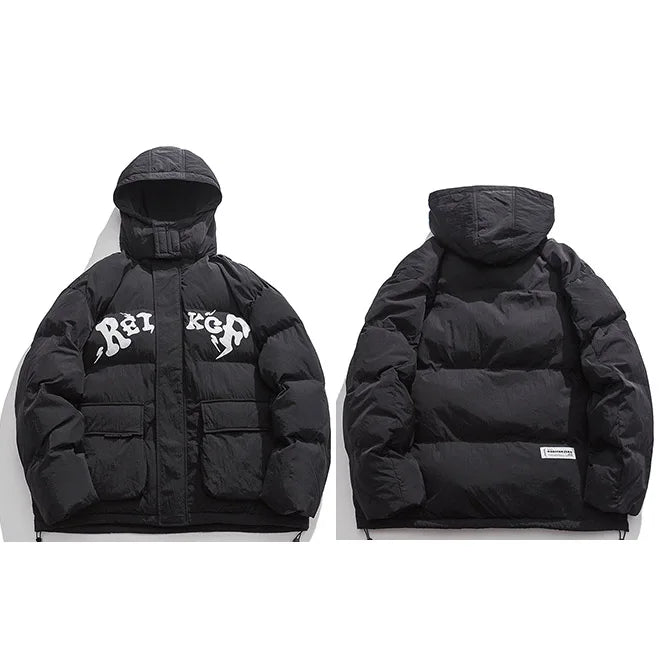 Blue Letter Hooded Puffer Jacket — side view