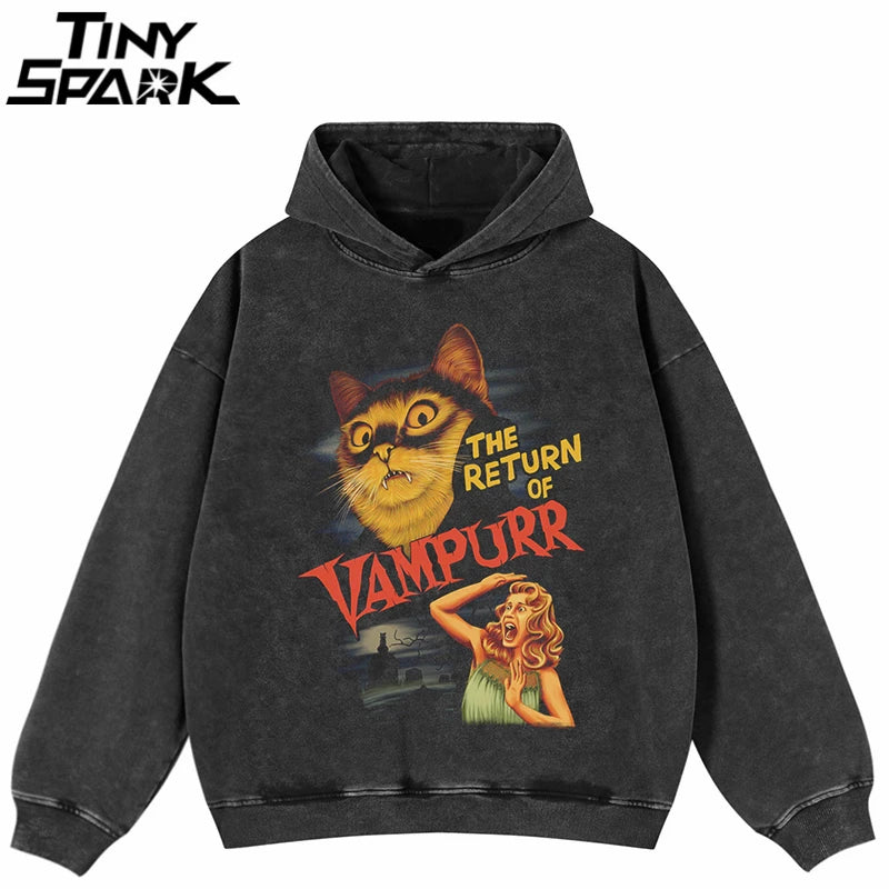 Retro Black Cat Graphic Hoodie — front view