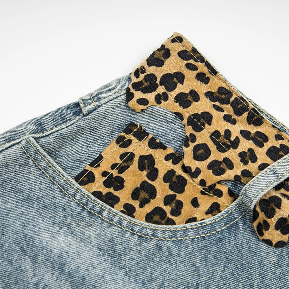 Vintage Leopard Patchwork Loose Denim Shorts — detail shot