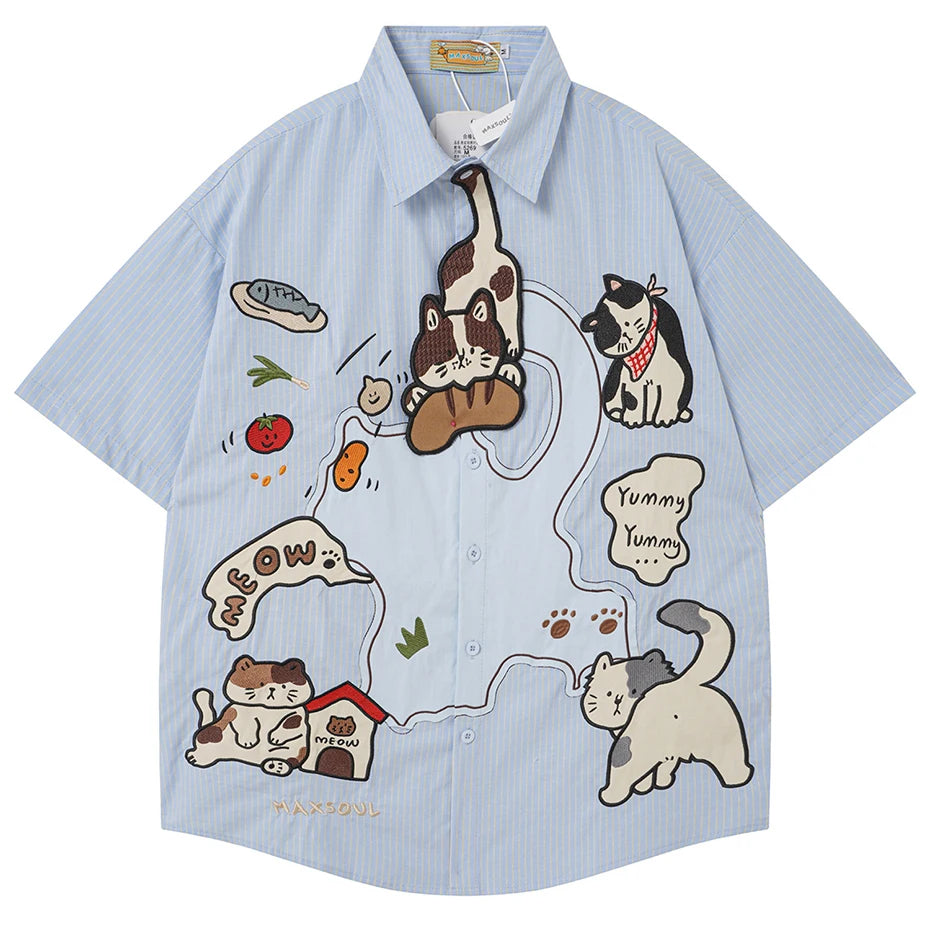 Funny Cat Embroidered Loose Shirt — styling shot
