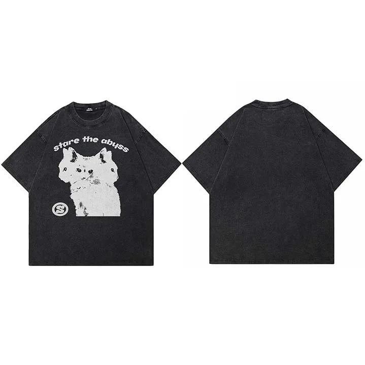 Retro Black Cat Washed T-Shirt — fabric close-up