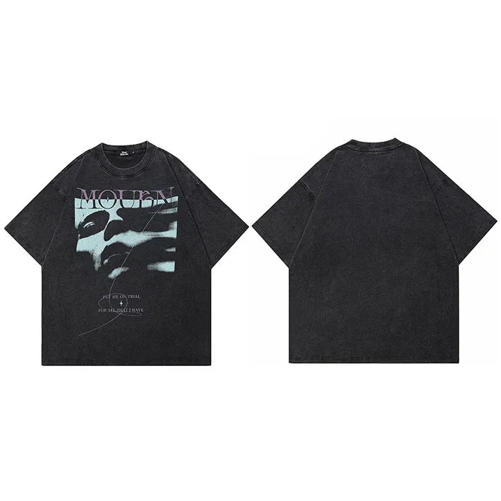 Vintage Retro Black Shadow Washed T-Shirt — fabric close-up