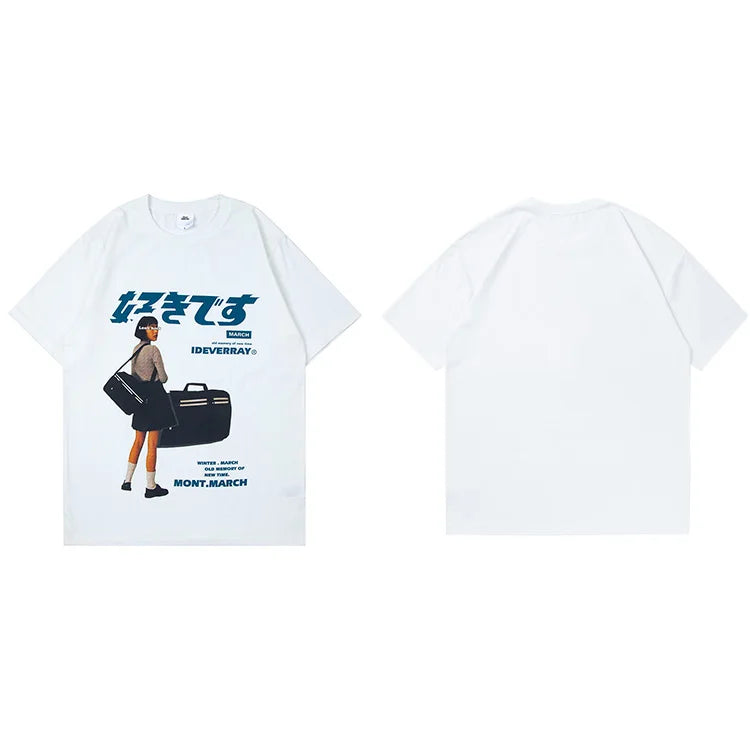 Girl Kanji Print Loose T-Shirt — fabric close-up