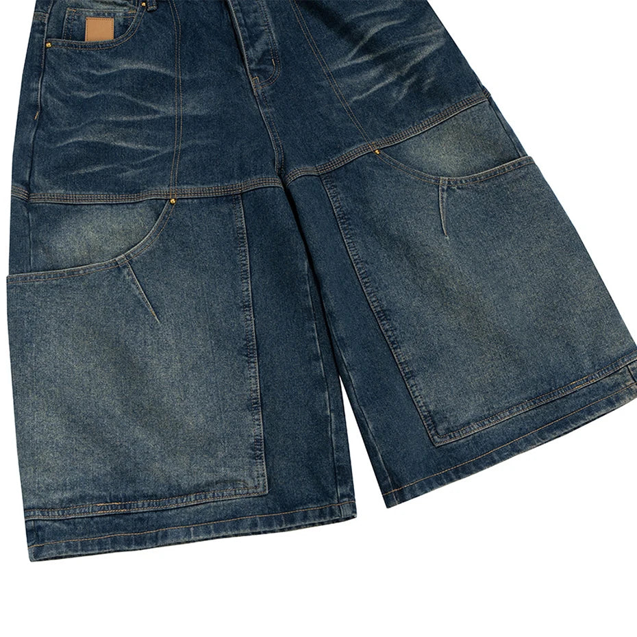 Vintage Blue Patchwork Denim Shorts — fit shot