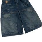 Vintage Blue Patchwork Denim Shorts — fit shot