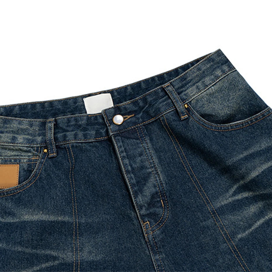 Vintage Blue Patchwork Denim Shorts — back view