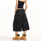 Wide Leg Denim Shorts — fabric close-up