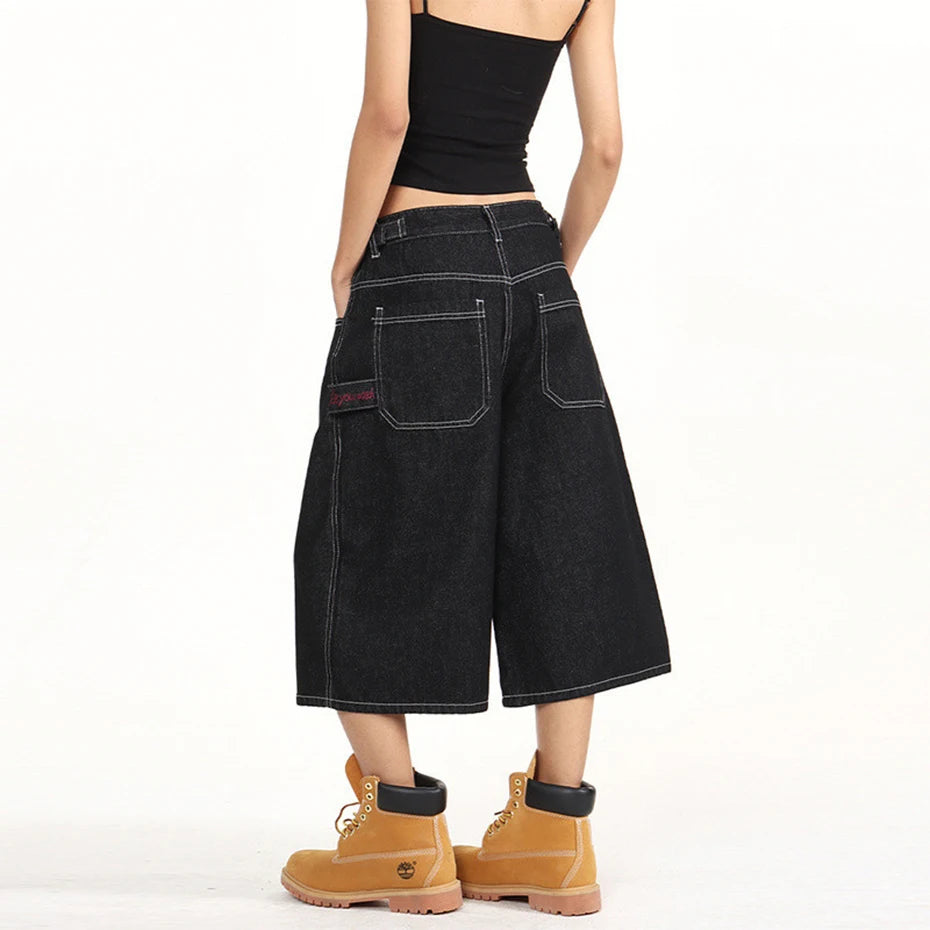 Wide Leg Denim Shorts — fabric close-up