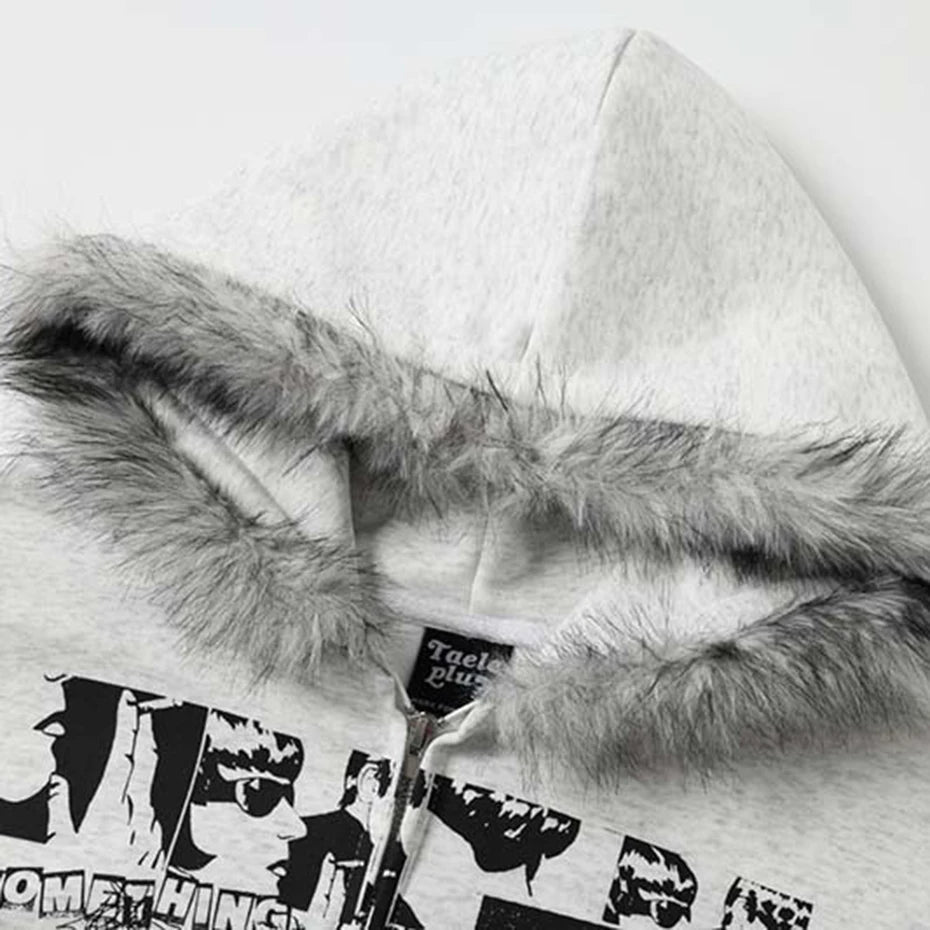 Vintage Zip Fur Oversized Hoodie — detail shot
