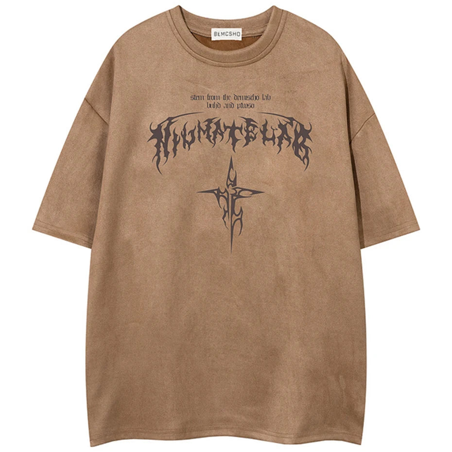 Vintage Cross Graphic Suede Oversized T-Shirt — back view
