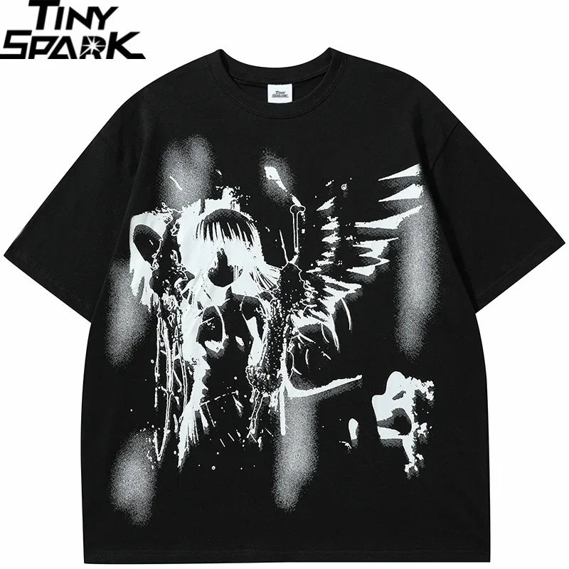 Y2K Black Anime Cartoon Graphic T-Shirt — front view