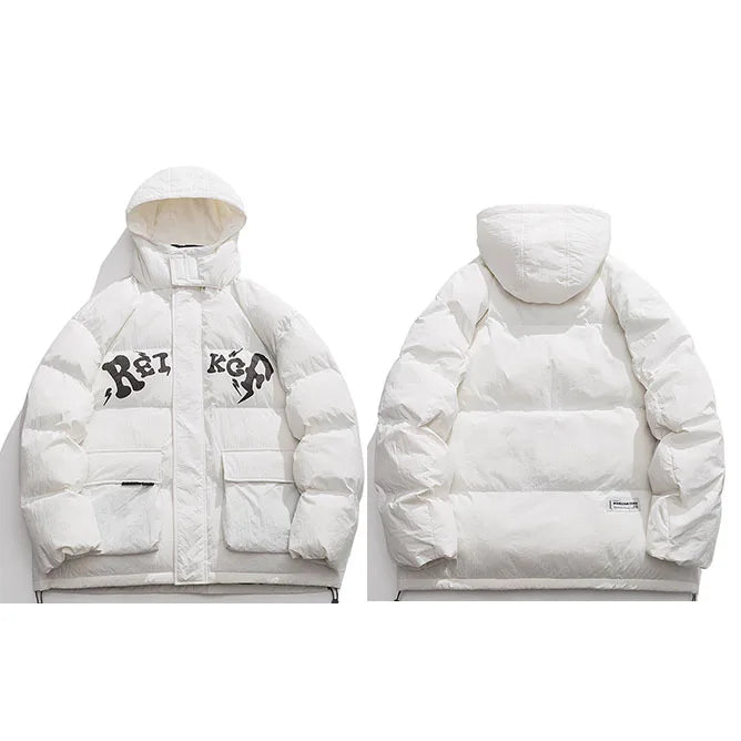 Blue Letter Hooded Puffer Jacket — full look