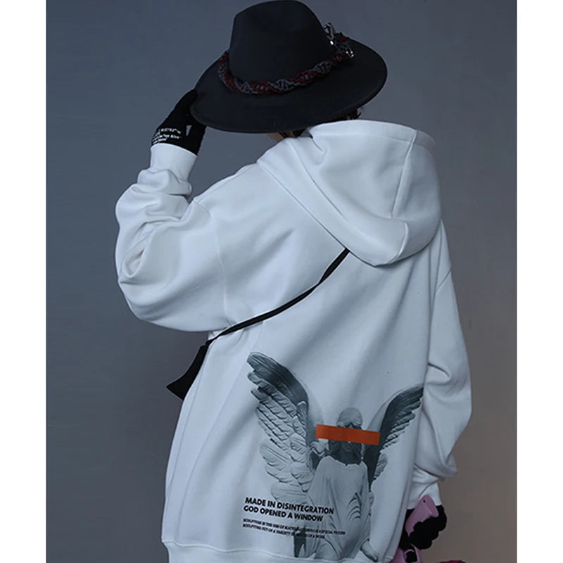 Grey Angel Print Fleece Hoodie — front view