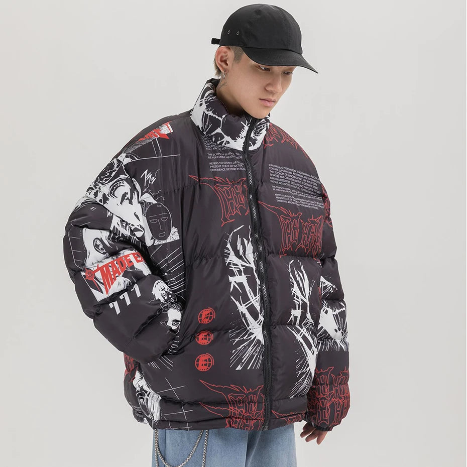 Y2K Black Anime Print Loose Puffer Jacket — fit shot
