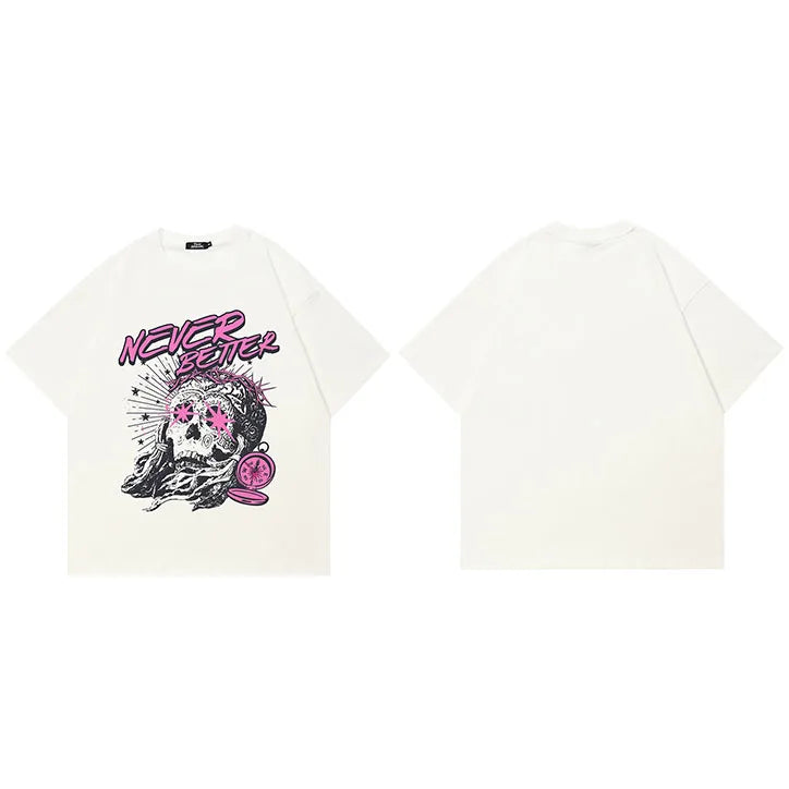 Y2K Beige Graffiti Skull Graphic T-Shirt — side view