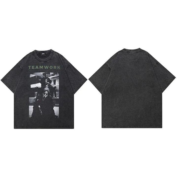 Retro Black Skull Ghost Washed T-Shirt — fabric close-up