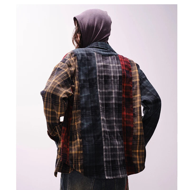 Retro Red Plaid Checkered Patchwork Oversized Shirt — back view