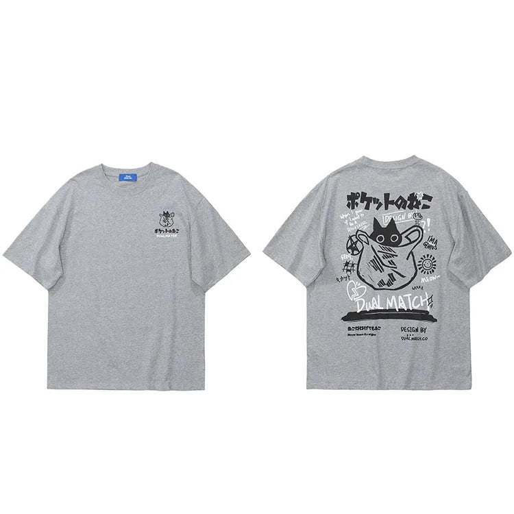 Kanji Cat Print T-Shirt — fit shot