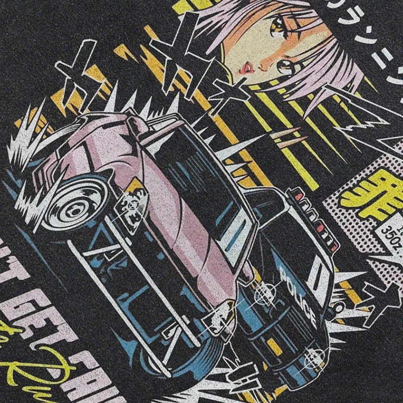 Black Anime Cartoon Graphic T-Shirt — front view