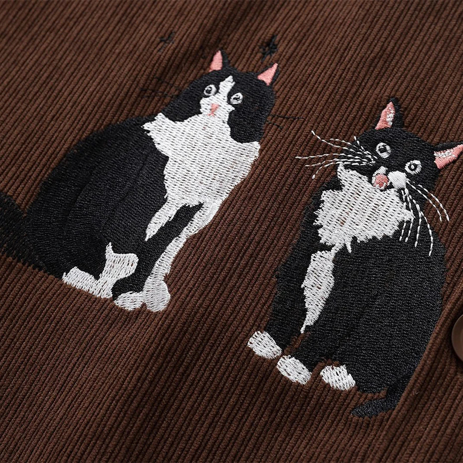 Vintage Cat Embroidered Oversized Shirt — fit shot