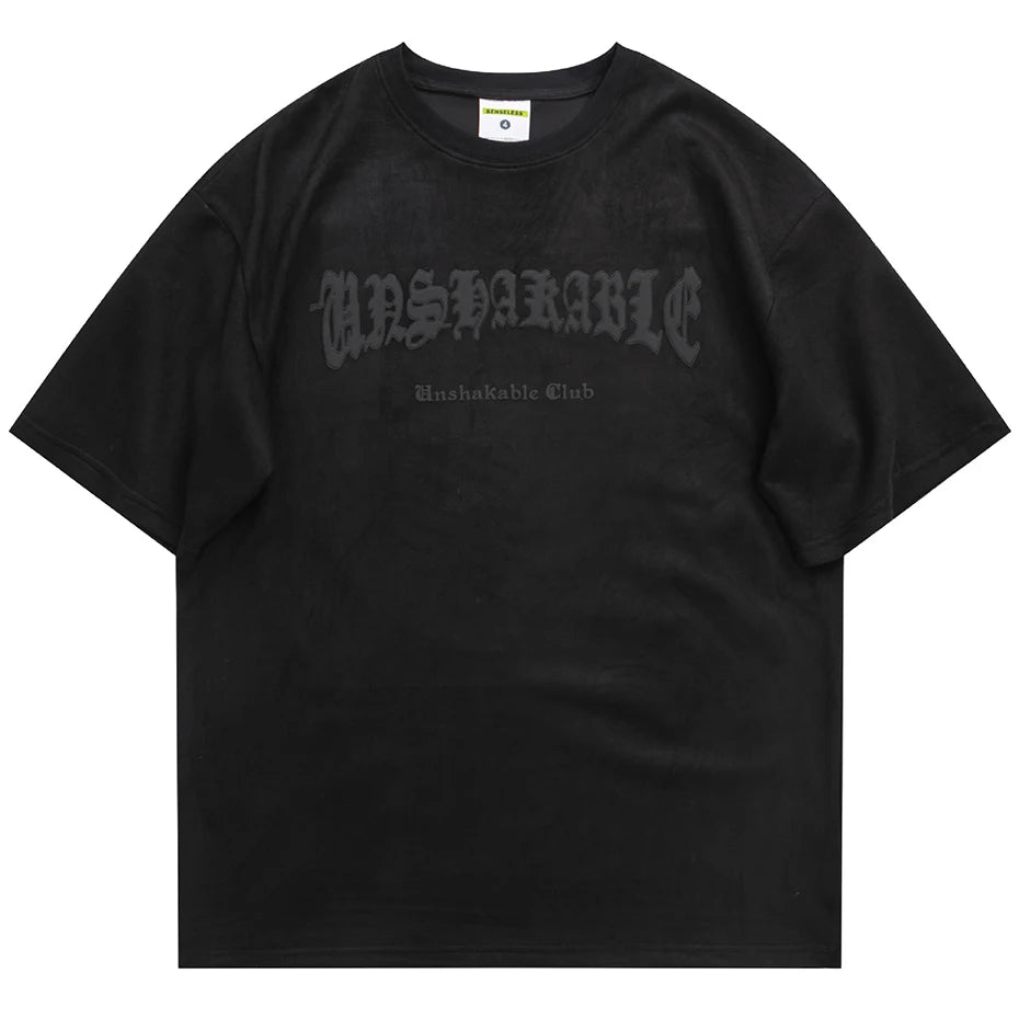 Skeleton Wings Graphic Suede Loose T-Shirt — detail shot