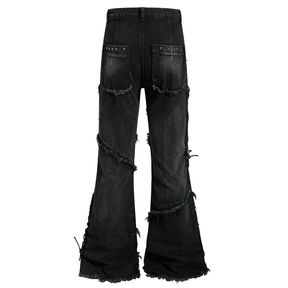 Punk Black Patchwork Denim Jeans — back view