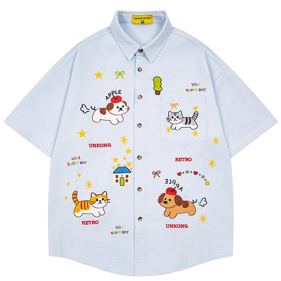 Cartoon Cat Graphic Loose Shirt — styling shot