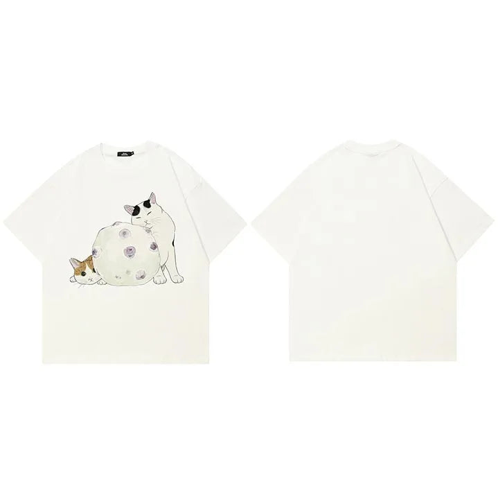 Y2K White Cats Cartoon Graphic T-Shirt — side view