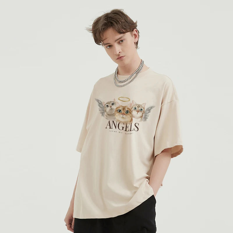 Beige Angel Cat Graphic T-Shirt — fabric close-up