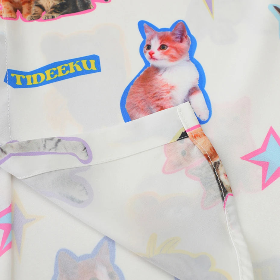 Funny Y2K Cat Graphic Loose Shirt — fabric close-up