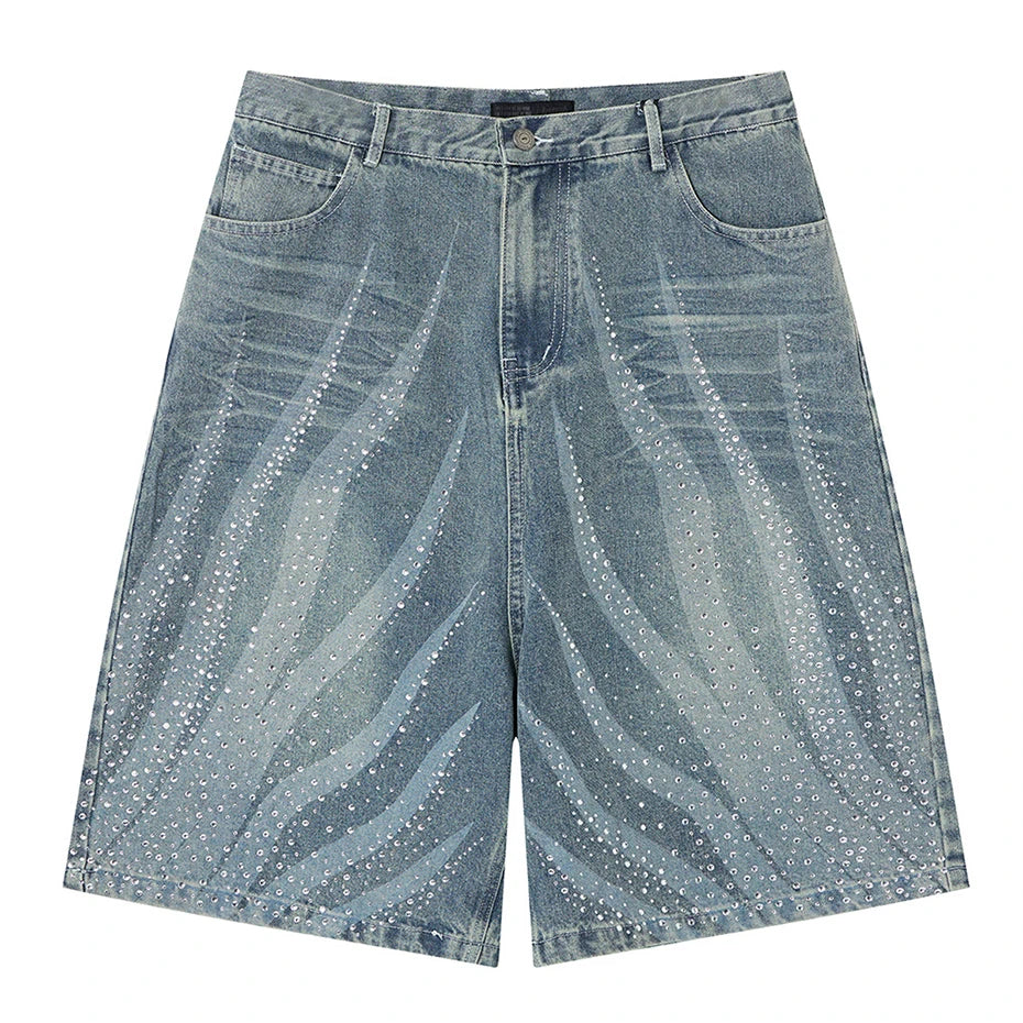 Diamond Rhinestone Denim Shorts — styling shot