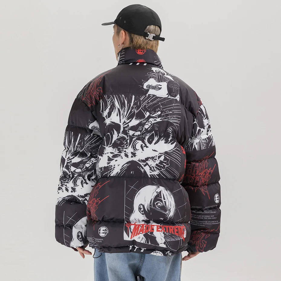 Y2K Black Anime Print Loose Puffer Jacket — fabric close-up